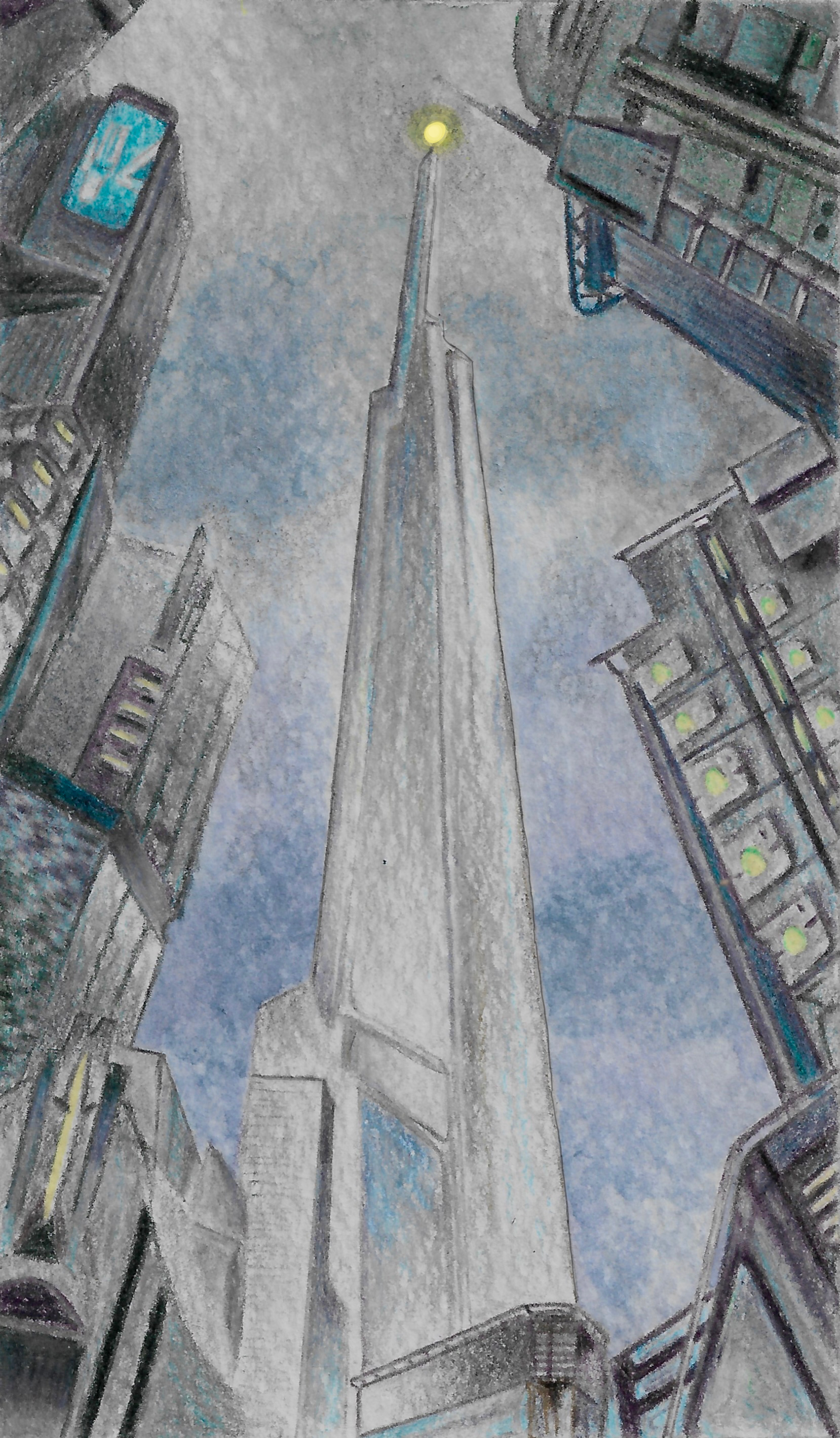 waterpaint/colour pencil illustration of tall glass towers